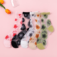 Chaussettes transparentes d'été à fleurs fantaisie bon marché Chaussettes fines pour femmes Vente en gros de bas élégants en verre noir