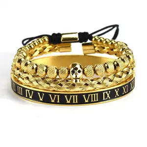 Neues Design Luxus Edelstahl Armband Schädel Perlen Herren Schmuck Hand gewebte Draht Custom Perlen Armband Set