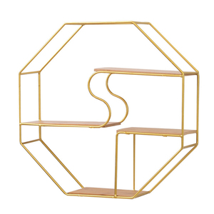 Gmart-estante de almacenamiento de exhibición hexagonal montado, marco de madera colgante de forma redonda, estante de madera, Metal, dorado, decoración flotante, estantes de pared - Product Image 1