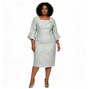 Robe fourreau élégante à imprimé floral avec manches à volants, col carré, longueur genou, ajustée, style formel pour femme, collection printemps - Product Image 1