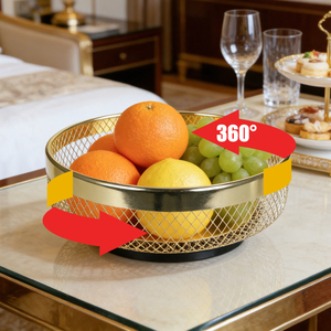 Corbeille de rangement ronde moderne en métal doré pour comptoir, robuste et rotative, pour fruits - Product Image 1
