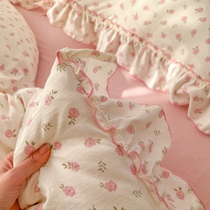 Soft Floral Printed 4-Piece <strong>Bedding</strong> Sets <strong>Double</strong> Layer Gauze Lace Edge Skin Friendly <strong>Princess</strong> Style for <strong>Double</strong> Size Bed Cover Set - Product Image 2