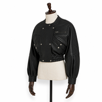 Blouson court pour femme en peau de mouton véritable noir obsidienne, fermeture éclair, col rond, écologique, anti-rides, automne