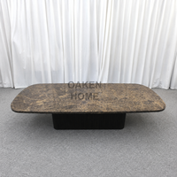 Table basse ronde en travertin OAKEN avec base en bois massif rainuré verticale, table centrale Wabi Sabi, meubles de salon pour villa
