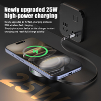 Kabel Charger Nirkabel Magnetik 3 in 1 Qi2 25W dengan Kabel USB C Retraktil Portabel 0.8m Hitam untuk iPhone 18 17, Jam Tangan, dan Earphone