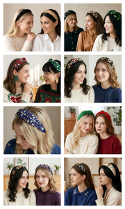Custom Fashion Plaid Knot <strong>Headband</strong> for Women Girls Pearl Rhinestone Wide Hairband Christmas Holiday Party Accessories Headwear - Product Image 3