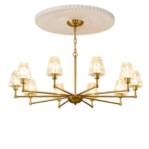 Mid Century Modern Gold 10-<b>Light</b> Pendant Chandelier <b>Glass</b> Drum <b>Shades</b> Adjustable Height For Dining Living Bedroom Use - Product Image 1