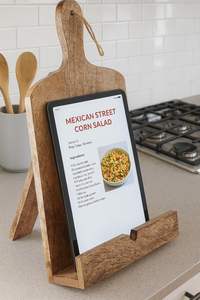 Support de <span class=keywords><strong>livre</strong></span> de cuisine pliable en bois massif et porte-recettes de style planche à découper 11"D <span class=keywords><strong>x</strong></span> 7.5"H pour comptoir de cuisine, marron - Product Image 3
