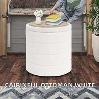 Otomana Redonda Moderna con Almacenamiento, Tapicería Bouclé, Mesa de Centro y Reposapiés, Funda Extraíble para Sala de Estar, Dormitorio, Pasillo - Blanco