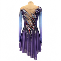 Robe de danse patinage violette à manches longues en maille nude, rayée et ornée de strass, pour enfants et adultes, pour compétition et performance