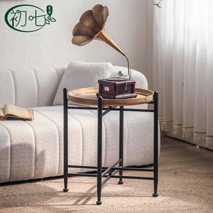 The Seventh Day Vintage Round Coffee <b>Table</b> <b>Wood</b> <b>Top</b> Iron Frame Combination Living Room Side <b>Table</b> - Product Image 3