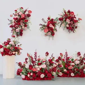 Planificador de bodas Día de San Valentín Flores artificiales Hortensia Rosas Rojas Flores Fila de flores de seda Arco Decoración Artículos para eventos