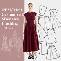 Nouvelle Robe Midi Femme Bordeaux Tendance à Col Rond, Manches Courtes, Taille Froncée, Asymétrique à Volants, Coupe Évasée, Personnalisable en Gros