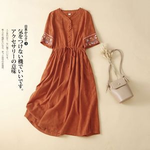Women's Embroidered Cotton Linen <b>Dress</b> V-Neck Short Sleeve <b>Elastic</b> Waist Loose Fit Daily Wear Orange - Product Image 1