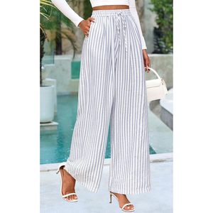 Pantalones anchos para mujer, cintura elástica, tiro alto, ligeros, informales, transpirables, estilo palazzo, para estar en casa - Product Image 3