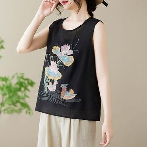 Black Embroidered Cotton Linen Sleeveless Camisole Top For Women Summer Chinoiserie Style Loose Fit Everyday Wear - Product Image 1