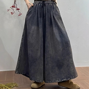 Pantalon long à taille élastique lavé pour femme, jean vintage à jambes larges, tendance - Product Image 5