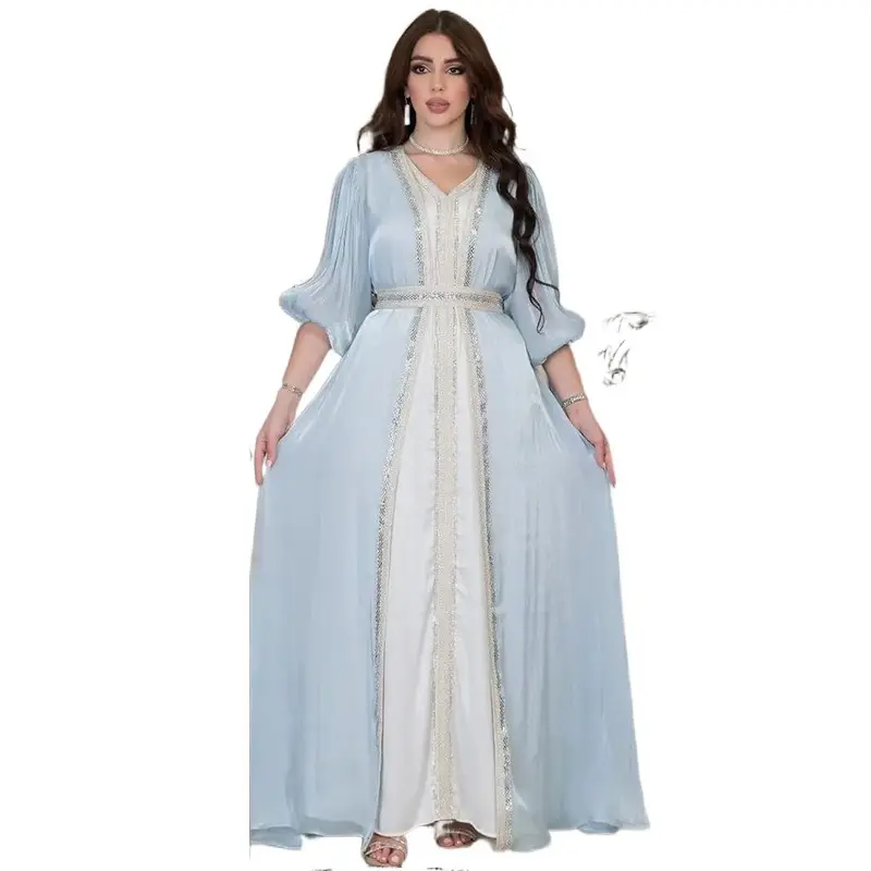 LYZAb266 Muslimische Damen bekleidung Strass Leichtes Luxus kleid Abaya-Anzug Helles Seiden satin Dreiteiliges Ballkleid Party kleid