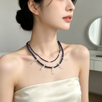 Collier artisanal à double rang en lapis-lazuli, pendentif en quartz clair naturel, style ethnique, collier long à plusieurs couches de perles