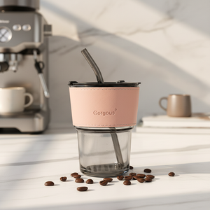 <span class=keywords><strong>Tasse</strong></span> en Verre Virale de 400 ml pour <span class=keywords><strong>Café</strong></span> et Lait, Cadeau avec Manchon en Cuir Isolant et Pailles en Verre - Product Image 6