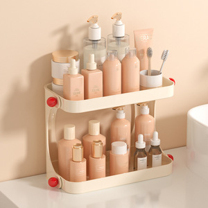 Double Layer Cosmetic Storage Rack Milky White With Red Accents For Bathroom Sink Organizing 2 Tier Pet Material - Product Image 1