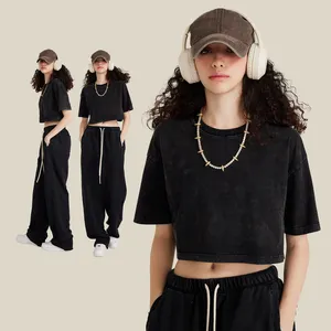 Custom Women's Cropped Tee T-shirts Short Sleeve Crew Neck 100% Cotton Basic Blank Black White Plain Crop Top T Shirt For Women