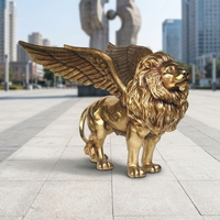 Vente en gros grande sculpture animale extérieure en cuivre statue de lion en bronze ailé grandeur nature en or