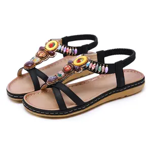 Богемные стильные летние стильные женские сандалии на плоской подошве с бусинами