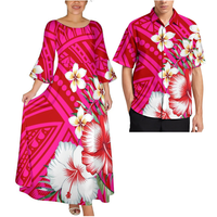 Ensemble assorti sur mesure pour couple, imprimé Hibiscus Plumeria polynésien, robe mi-longue à volants pour femme, chemise à manches courtes pour homme