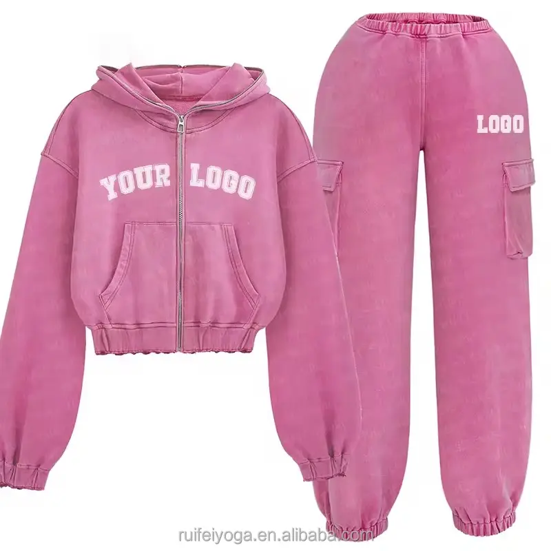 Custom Distressed Embroidery Tracksuit T-shirt Rhinestone Zip Up Cropped Hoodie Flare Sweatpants and Hoodie Set Women Sweatsuit