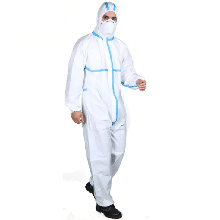 High Quality Disposable Chemical Resistant Type 4/5/6 Hooded Microporous Coverall with blue taped seam One Piece Suit