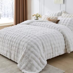 Ensemble de couette en fausse fourrure de <span class=keywords><strong>lapin</strong></span> ultra chaude en peluche 3 pièces Couette en sherpa à bulles réversible pour lit king size Hiver - Product Image 2
