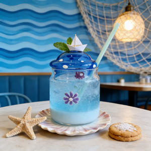 Verre à boire en verre soufflé à la main Jingyi, style nordique, bleu <span class=keywords><strong>royal</strong></span>, avec couvercle à pois floraux violets |   Paille réutilisable résistante à la chaleur sans BPA - Product Image 6