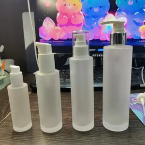 New Product Cosmetic 200ml Frosted Cylinder Lotion Glass Bottle Screen Printing Black Cosmetic Packaging Dropper Frosted Clear