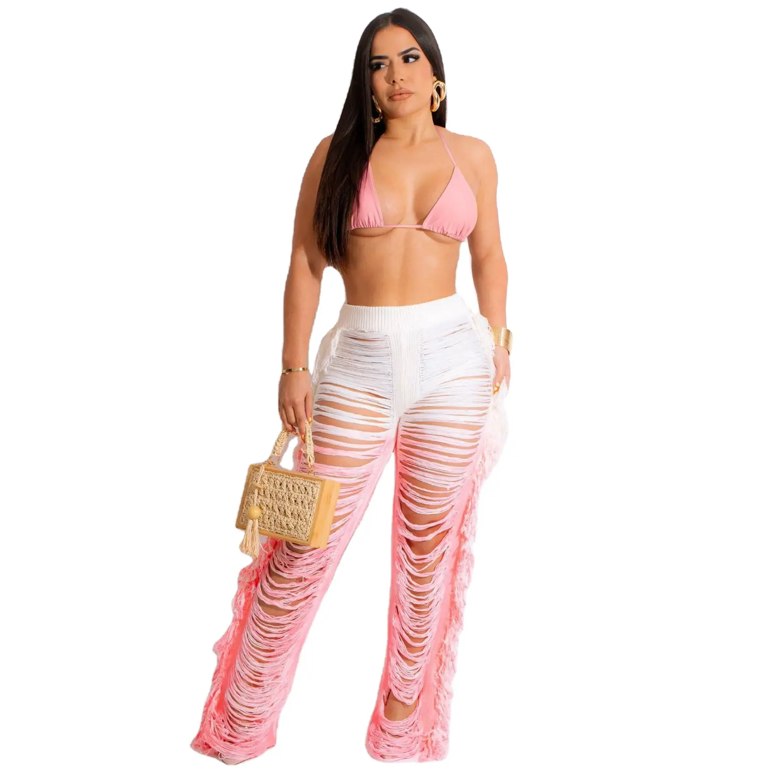 2023 Newest Ladies Summer Vacation outfits fashionable 2 tone color bikini knitted tassel pants two piece sets for women