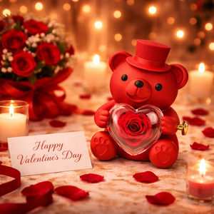กล่องใส่เครื่องประดับรูปหมีกอดทำจากพลาสติกอย่างดี พร้อมแหวนและดอกกุหลาบอมตะ สำหรับวันวาเลนไทน์ วันขอบคุณพระเจ้า และของตกแต่ง - Product Image 3