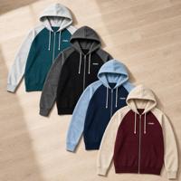 Sweat à capuche unisexe zippé contrastant en molleton épais, manches raglan, style streetwear, vente en gros, personnalisation OEM, sweats en gros unisexe