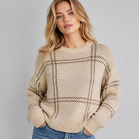 Pull en tricot à carreaux pour femme Joydressing, col rond, manches longues, décontracté, pour la vente en gros aux boutiques