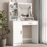 Coiffeuse avec miroir et éclairage, commode à grand tiroir et rangement à trois niveaux, table de maquillage pour chambre (Blanc)