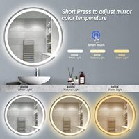 Miroir de salle de bain rond à LED de 24 pouces en aluminium, anti-buée, à intensité variable, 3 températures de couleur, fonction mémoire, montage mural, sans interrupteur