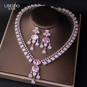 Parure de haute joaillerie audacieuse avec zircone <span class=keywords><strong>rose</strong></span> taille <span class=keywords><strong>coussin</strong></span>, collier double rang et boucles d'oreilles chandelier, bijoux de mariée - Product Image 4