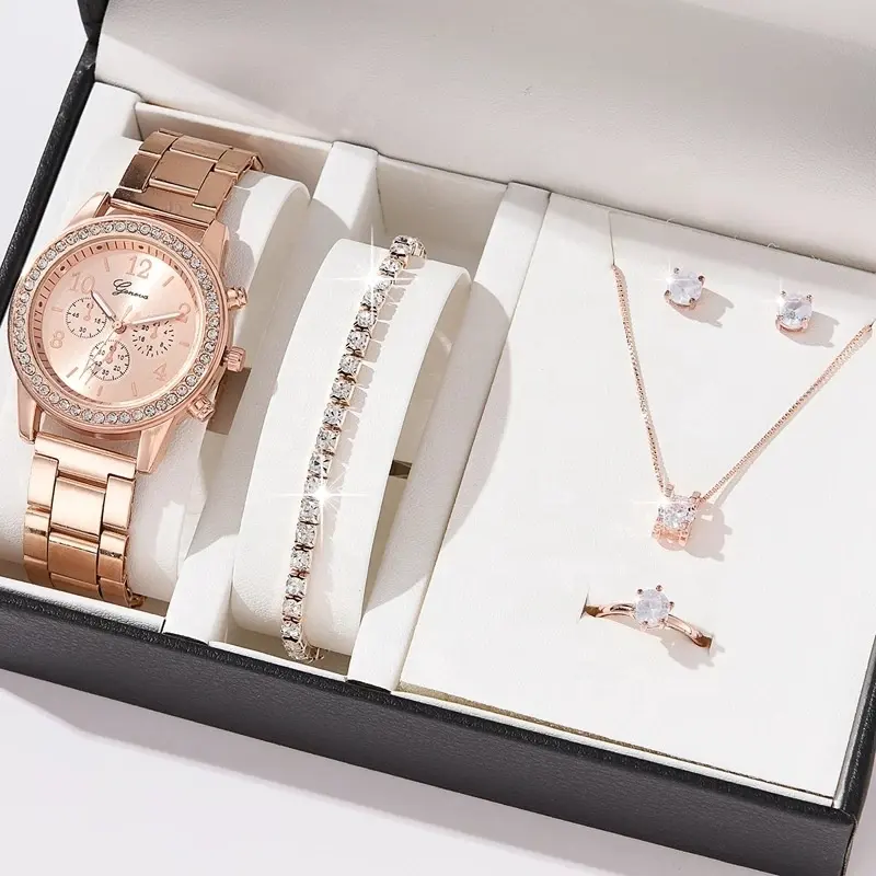 फैशन 5PCS गहने घड़ी उपहार सेट गुलाब गोल्ड देवियों देखो सेट क्वार्ट्ज जिनेवा हीरे की घड़ी महिलाओं के लिए सेट