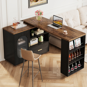Îlot de cuisine extensible avec plan de travail en bois foncé, armoire frontale en verre noir, étagères de rangement et roulettes - Product Image 6