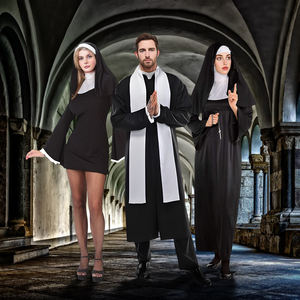 Costume da <span class=keywords><strong>suora</strong></span> Sexy da donna, abito corto nero con finiture e cappuccio bianco, <span class=keywords><strong>vestito</strong></span> Cosplay di Halloween con accessori per feste di carnevale - Product Image 5