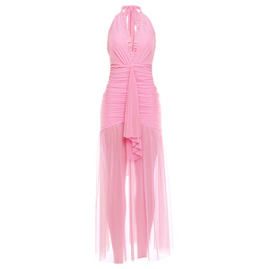 Women's Halter Neck Ruched Tulle Maxi Dress - <b>Tie</b> <b>Back</b> Ruffle Detail Formal Evening Gown Party Dresses Fashion - Product Image 4