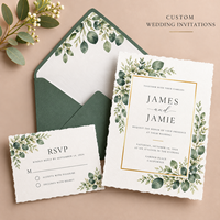 Ensemble d'invitations de mariage personnalisées en eucalyptus, bordure festonnée, cadre doré, invitation de mariage, carte RSVP, enveloppe lignée verte