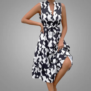 Abiti da donna con cintura con orlo arricciato con stampa di alta qualità abiti Casual senza maniche con bottoni sul davanti <span class=keywords><strong>balza</strong></span> <span class=keywords><strong>una</strong></span> linea elegante <span class=keywords><strong>abito</strong></span> da donna - Product Image 2