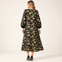 Gaun Midi Wanita Hitam Emas Bermotif Bunga 2026, Kerah Bulat, Lengan Puff Panjang, Model A-Line, Vintage, Elegan, untuk Pesta Musim Gugur, Santai