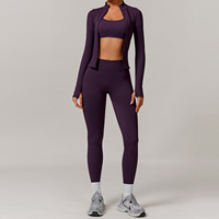 Ensemble de yoga 3 pièces : Soutien-gorge de sport à bretelles spaghetti croisées, Leggings sculptants taille haute sans coutures effet push-up, Veste zippée à manches longues
