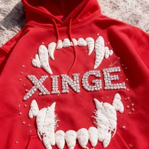 เสื้อฮู้ดดี้ผู้ชายทรงบ็อกซี่แบบครอปปิ้ง ปักลายกราฟิกปากแบบ 3 มิติ สไตล์วินเทจสั่งทำพิเศษ รุ่นขายดีประจำปี 2026 ประดับด้วยคริสตัล - Product Image 3